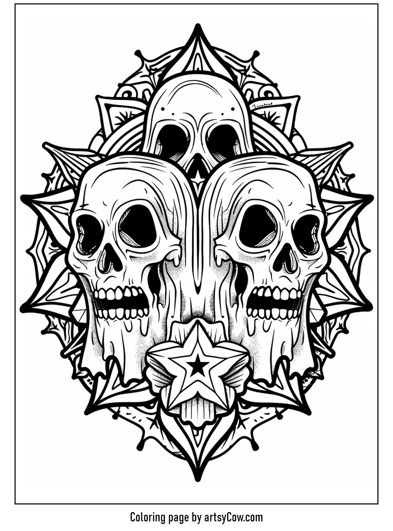 halloween ghost mandala featuring three symmetrically arranged skulls surrounded by stars and mandala patterns